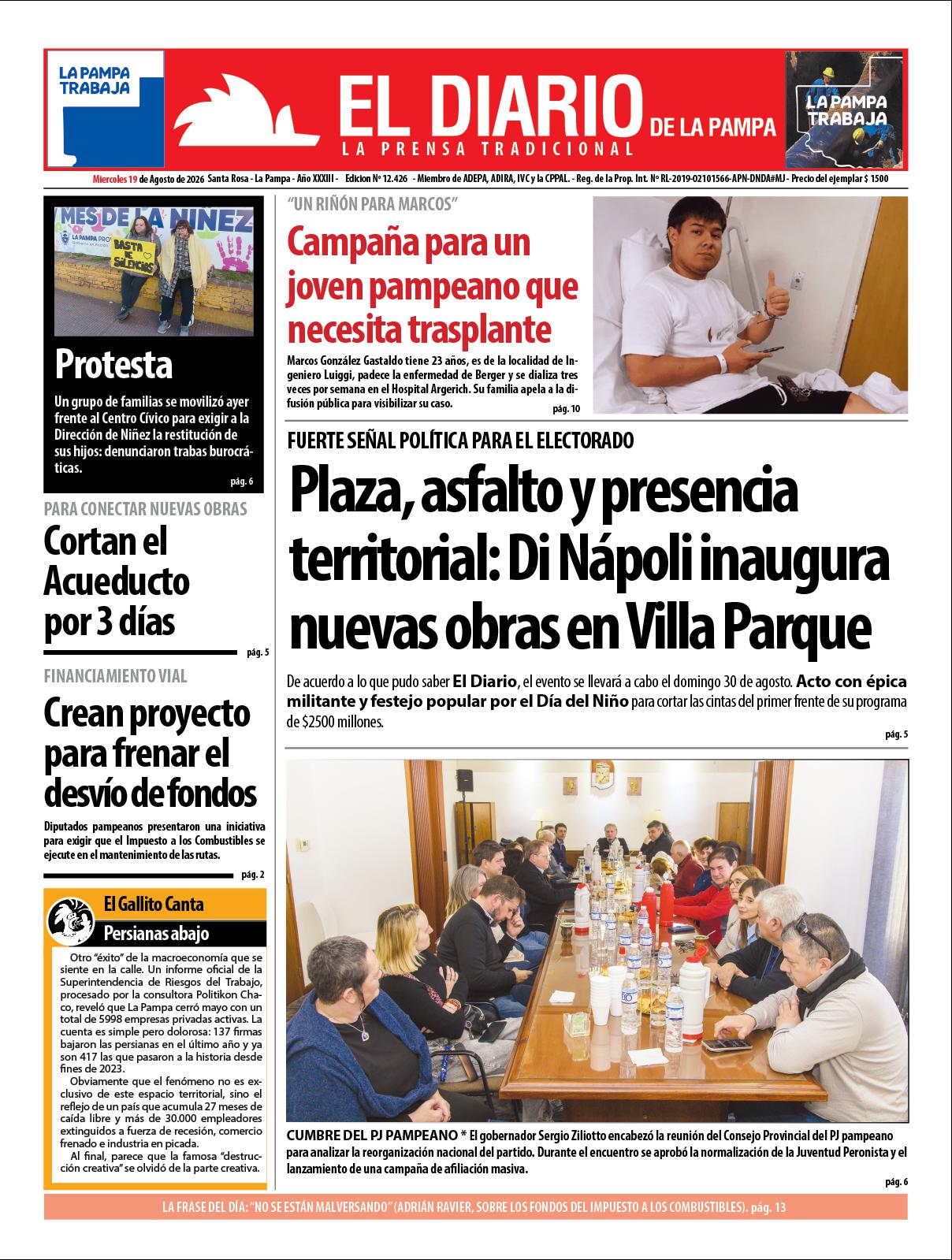 Tapa de El Diario en papel  mieacutercoles 19 de agosto de 2026